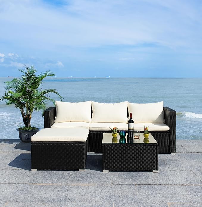 SAFAVIEH Outdoor Collection Madalina Black/Light Grey Wicker Conversation Patio Set