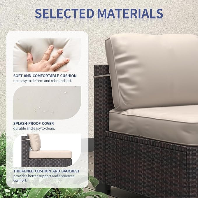 7 Piece Patio Furniture Set, Outdoor Modular Wicker Sectional Couch with Tempered Glass Coffee Table, All-Weather Rattan Conversation Set with Washable Cushions for Backyard, Garden, Deck