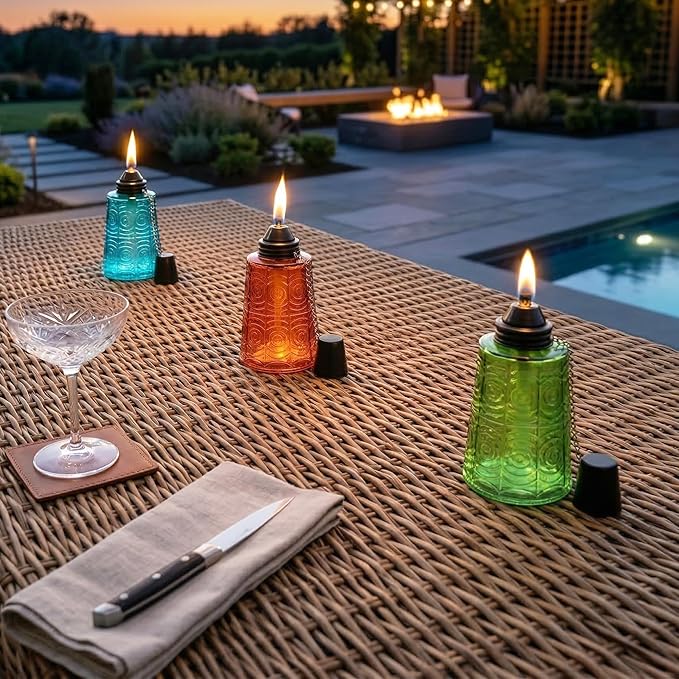 Seraphic Citronella Table Top Torches for Outdoor Patio, 16oz Decorative Glass Torch Citronella Candles for Outside Deck, Garden, Parties, Set of 3, Blue/Amber/Green