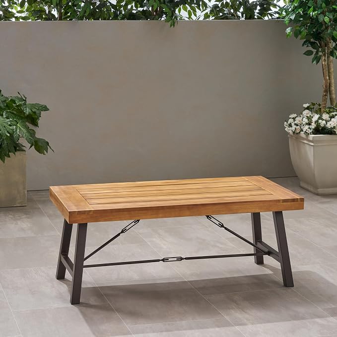 roomfitters Outdoor Acacia Wood Coffee Table, Teak Finish with Rustic Metal Legs, Perfect for Patio, Garden, or Deck, Weather-Resistant and Durable, Brown and Black