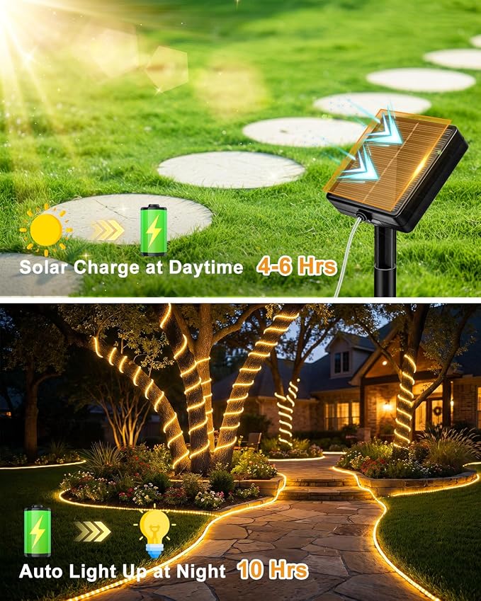 btfarm 4 Pack Solar Rope Lights, 120LED 46FT Solar String Lights Outdoor Waterproof, 8 Lighting Modes Solar Powered Strip Tube for Outside Garden Tree Christmas Yard Patio Wedding Decor, Warm White