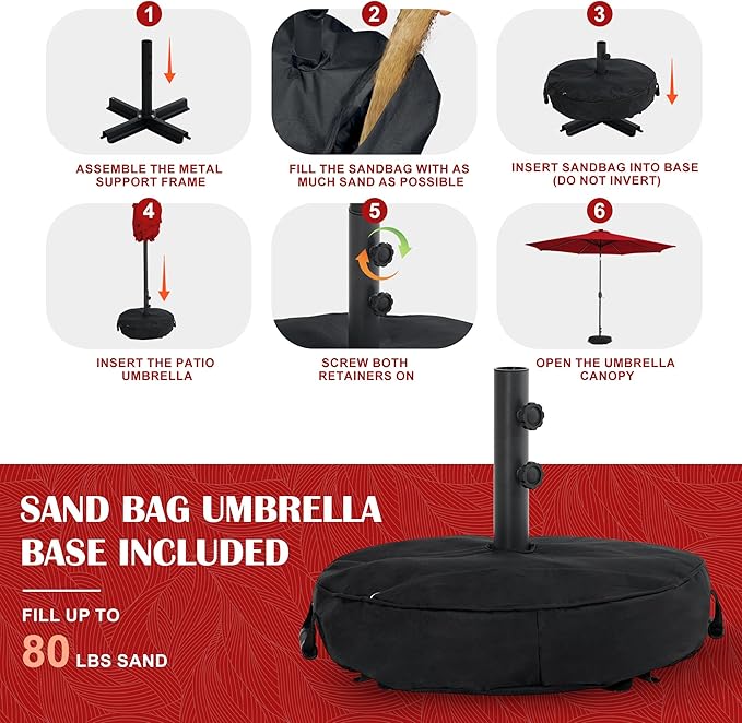 Sundale Outdoor 9FT Patio Umbrella with Sand Bag Umbrella Base, Outdoor Umbrella with Tilt and Crank, Red