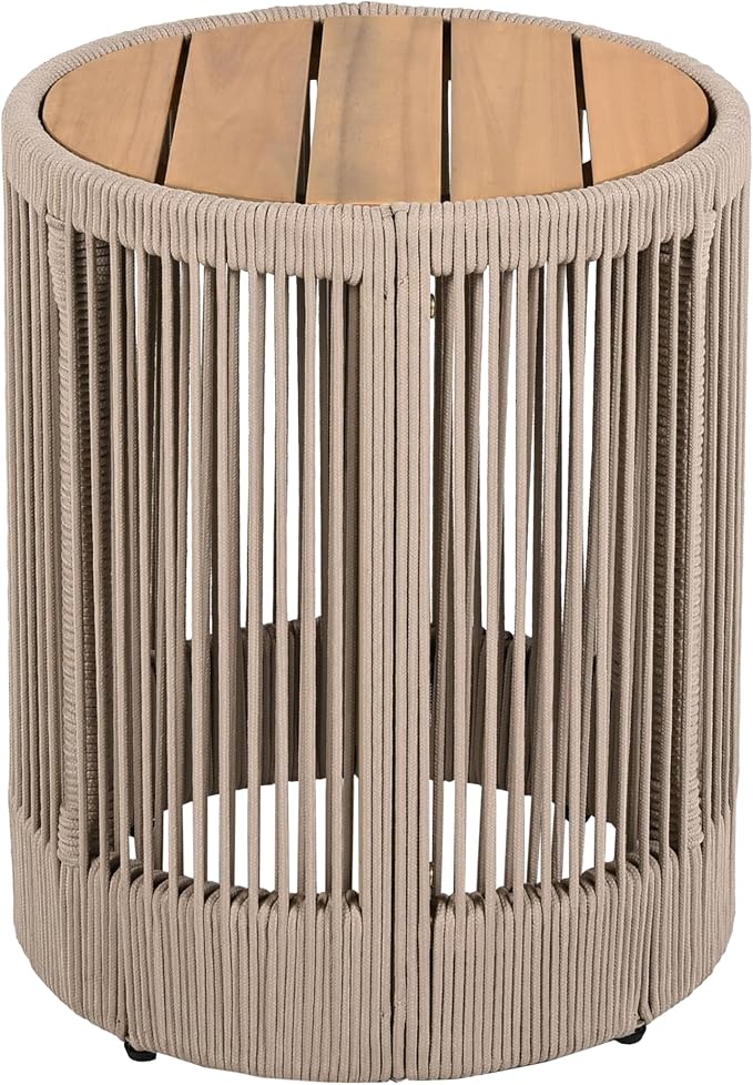 Outdoor Side Table, Round Acacia Wood Top, Beige Rope