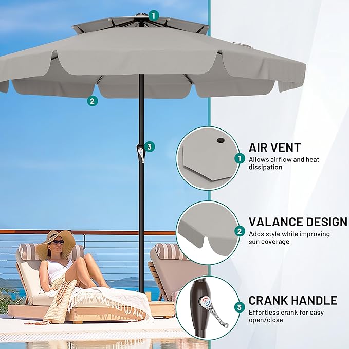 AreShark 12ft 2-Tier Patio Umbrella with Valance - Outdoor Umbrella Waterproof UV Protection, Market Table Umbrella w/ 8 Sturdy Ribs&Crank for Pool, Backyard, Garden(Light Gray)