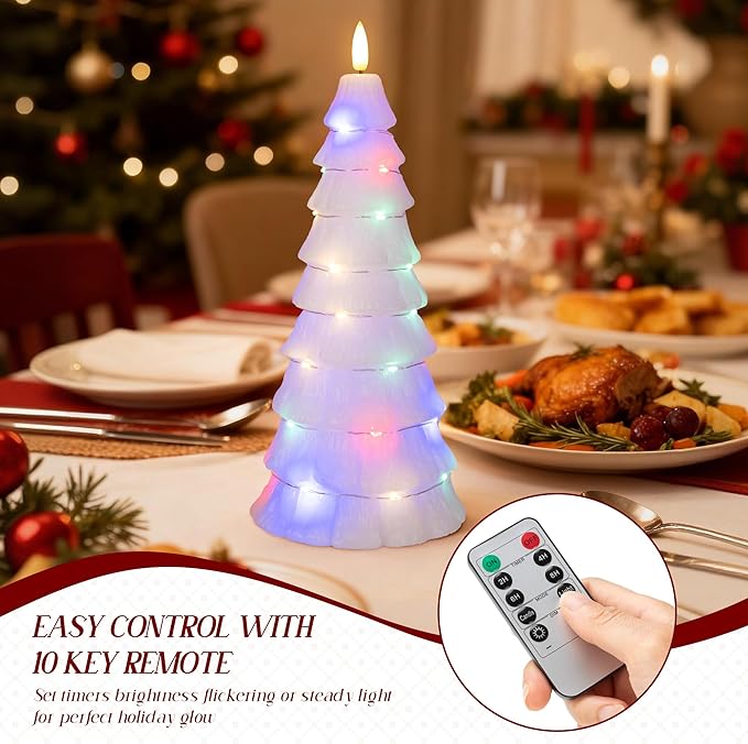 Christmas Tree Candles with Remote, Christmas Flameless Candles with Embedded Star String Fairy Lights, Real Wax Battery Operated Candles, Xmas Flameless Candles for Mantel Decor