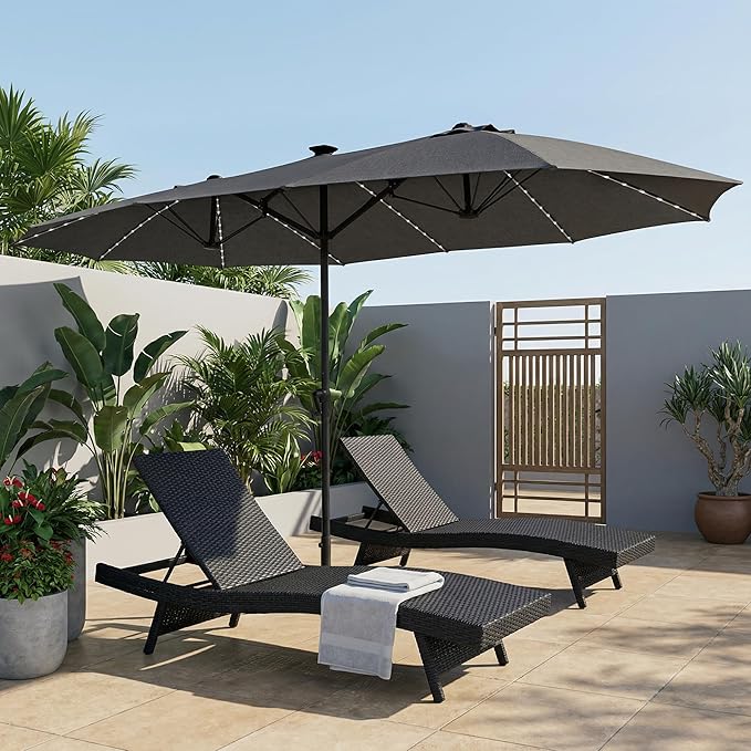 15FT Large Double Sided Patio Umbrella, Fade Resistant Outdoor Umbrellas with Fiberglass Ribs, Solar Panel, LED Lights & USB Charging, Rectangular Market Umbrella with Aluminum Crank for Poolside, Deck, Patio, BBQ, Garden, Dark Gray