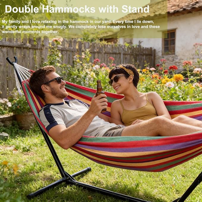 Portable Hammock with Stand for Outside, Heavy Duty Hammock 2 Person,Easy Assembly,440lbs Weight Capacity, Outdoor Double Hammocks for Patio, Garden, Backyard & Beach,Includes Carry Bag (Red)