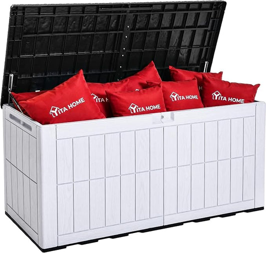 YITAHOME 134 Gallon Large Outdoor Storage Box with Lock, Waterproof Resin Deck Box w/Hydraulic Piston for Garden Tools, Pool Accessories & Cushions(Black & Grayish-White)