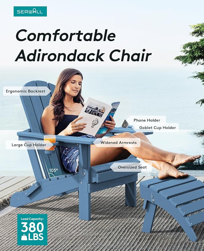 SERWALL Folding Adirondack Chairs, HDPE Adirondack Chairs Set of 4, Plastic Outdoor Chairs,Blue