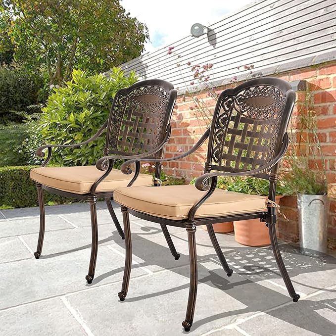 TITIMO 9-Piece Cast Aluminum Patio Furniture Set, Outdoor Patio Dining Set Bistro Conversation Set, Rectangular Dining Table Set w/Cushions Umbrella Hole (Khaki-Fixed Grid Chair, 9 Pcs)