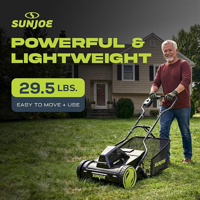Sun Joe Cordless Electric Push Lawn Mower with 11.9-Gal Bag, 15-Inch Cutting Width, 360W Motor - Heavy-Duty Yard Trimmer for Gardening Care and Maintenance, IONMAX 24V-CRLM15