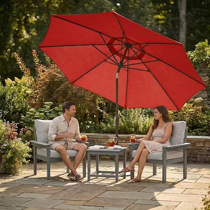 Kingdura 10FT Outdoor Patio Umbrella, Market Table Umbrella with Push Button Tilt and Crank, 8 Sturdy Fiberglass Ribs, UV Protection for Pool, Lawn, Deck, Backyard, Garden (Red)