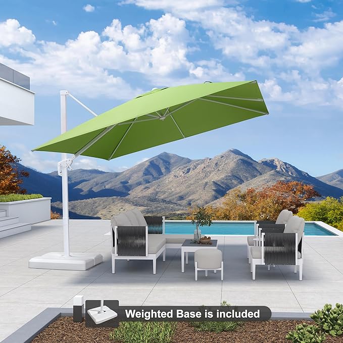 PURPLE LEAF 10 FT Patio Umbrella With Base White Cantilever Umbrella Square Outdoor Offset Umbrella Windproof with 360° Rotation for Garden Deck Pool, Macaw Green