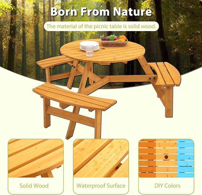 67 in. Round Circular Outdoor Wooden Picnic Table for 6 Persons with 3 Built-in Benches, 1720 lbs Capacity, Natural DIY Patio Dining Set for Backyard, Garden with Umbrella Hole