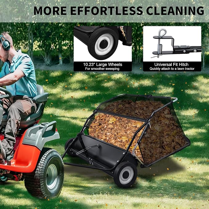 44 Inch Tow Behind Lawn Sweeper, Yard Sweepers, Grass Sweeper Tow Behind with 25 Cu Ft Hopper, Adjustable Brush Height Leaf Sweeper for Lawn Tractor, Yard Cleanup Black 44