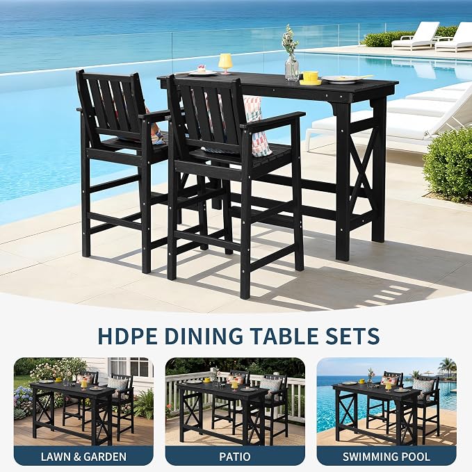 3-Piece Outdoor Bar Table and Chairs Set, HDPE Counter Height Patio Dining Sets, Adirondack Bar Height Chairs Set of 2 and Bar Table for Bistro, Poolside, Backyard, Black