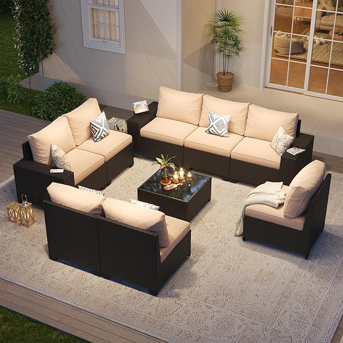 Aoxun Patio Furniture Set, 9 Pcs Outdoor Patio Furniture Sets with 4 in Thicken Cushion, Widen Armrests Wicker Outdoor Sectional for Backyard (Waterproof Cover Include)