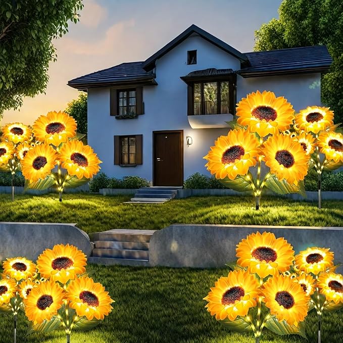 2026 Upgraded Solar Garden Lights, 4-Pack 12 Sunflowers Outdoor Waterproof Solar Lights, 27” Tall Auto On/Off Solar Flowers Lights for Garden Patio Yard Backyard Decor