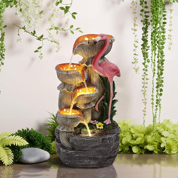Flamingo Outdoor Water Fountain, 5 Tiered Waterfall Fountains with LED Lights, Floor Garden Waterfalls Outside, Modern Cascading Flow Fountain for Garden, Yard, Patio, Home Decor