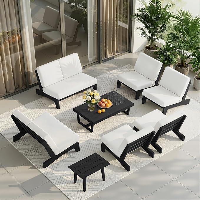 UIXE 8 Pieces All Weather Black Wood Patio Furniture Sets, 2 Patio Loveseat, 4 Patio Bistro Chair, Outdoor Sectional Sofa Furniture Backyard Conversation Set with Coffee Table - Beige