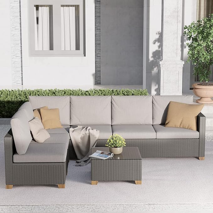 Grand patio 6 Seats Outdoor Conversation Sets with Olefin Cushions, Wicker Modular Sofa Sets with Coffee Table for Backyard Garden Poolside Light Gray