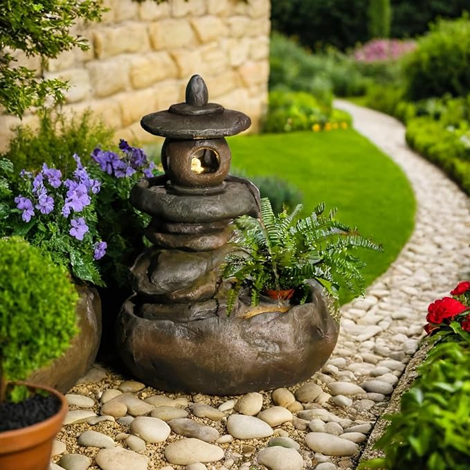 28" H Imitation Rock Pagoda Design Outdoor&Indoor Cascading Water Fountain, Natural Zen Decor Waterfall with LED Lights - Suitable for Garden/Patio/Yard/Deck/Balcony and Home Art Decor （Resin）