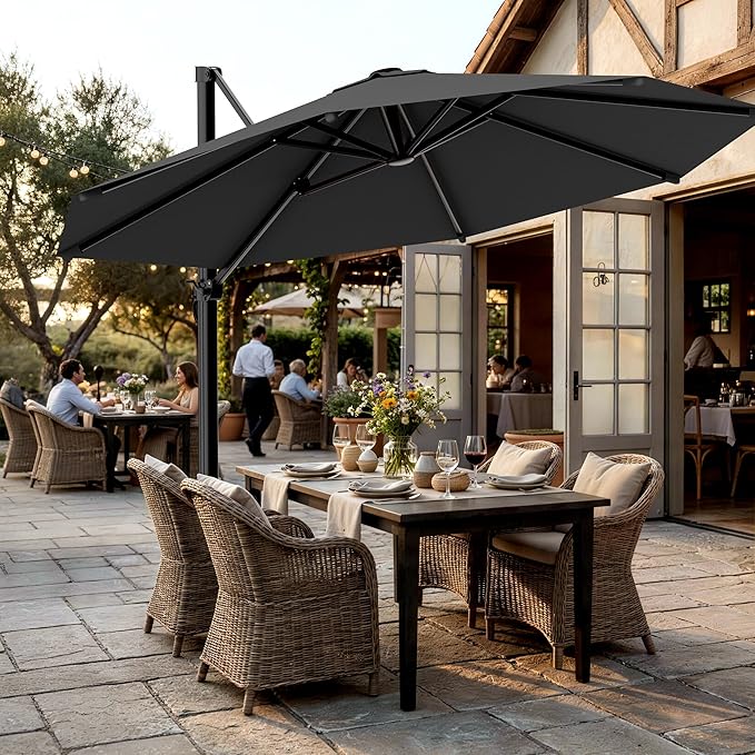 AreShark 10FT Cantilever Patio Umbrella, 360-Degree Rotation Round Hanging Offset Umbrella with Crank, Heavy Duty Patio Umbrella for Patio, Pool, Garden, Deck, Grey