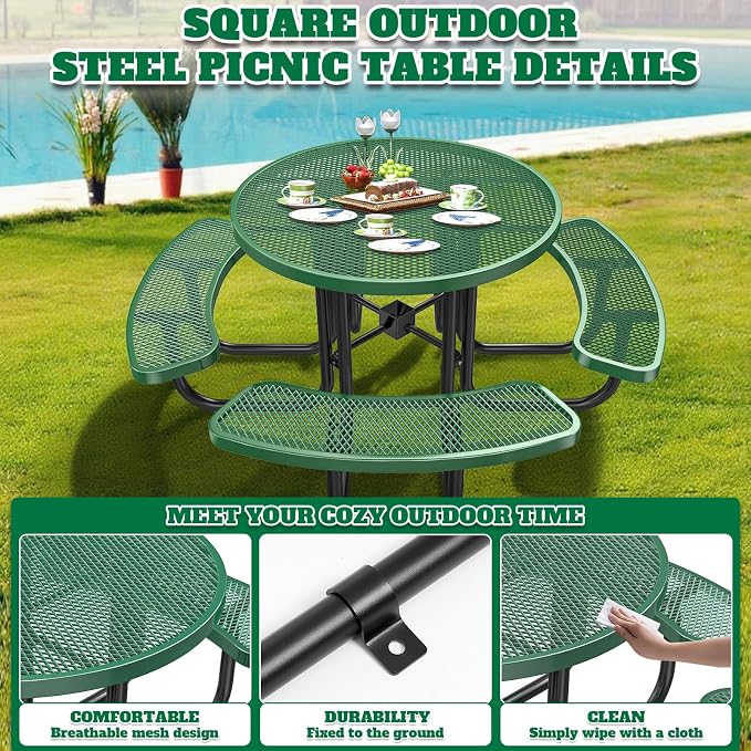 Ceridwen Heavy Duty Picnic Table with 4 Benches, Expanded Metal Steel Mesh Outdoor Patio Dining Table Bench Set with Umbrella Hole,Outdoor Patio Dining Table for Garden (Round, Green, 46FT)