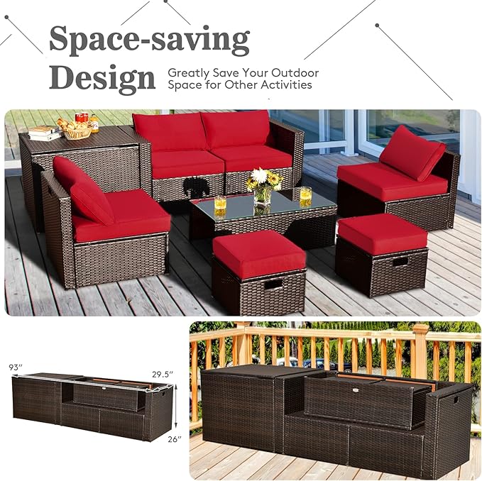 COSTWAY 8-Piece Outdoor Patio Furniture Set, Rattan Sectional Sofa, Armless Chairs, Side Table with Storage Ottoman & Glass Coffee Table, Space-Saving Conversation Set for Garden Deck (Red)