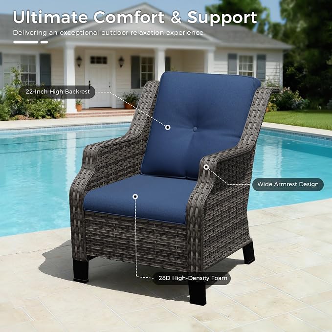 Outdoor Patio Furniture Set, 5 Piece Wicker Patio Furniture with Thick Cushions, Curved Armrest, Deep Seating, Rattan Outdoor Chairs for Porch, Deck, Balcony