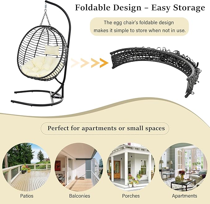 Folding Egg Chair, Outdoor Hanging Hammock Chair with Stand, Patio Wicker Hanging Chair with Iron Frame and Plush Cushion & Removable Headrest for Bedroom, Balcony, Garden (C-BlackBeige)