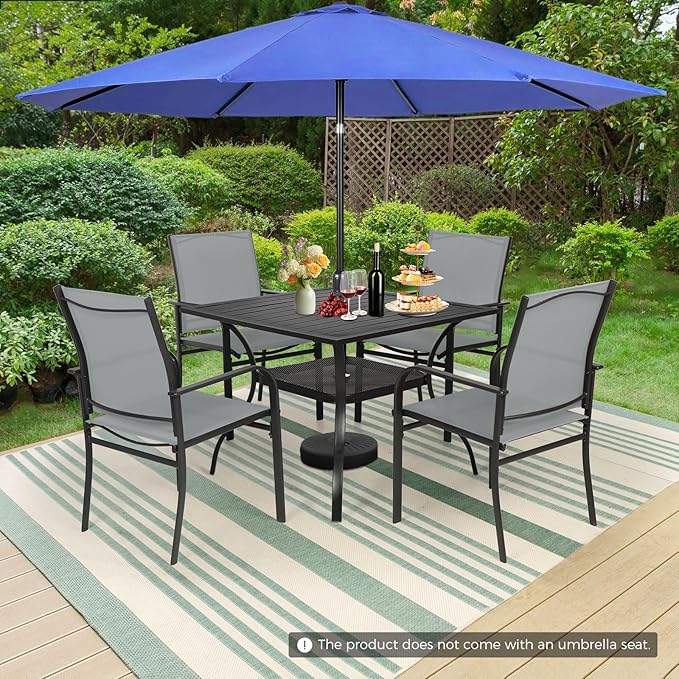 Incbruce 6 Pieces Patio Dining Set with Dark Blue Umbrella, Outdoor Dining Set of 4 Textilene Chairs and Square Table with Umbrella Hole for Backyard, Garden, and Poolside (Grey)