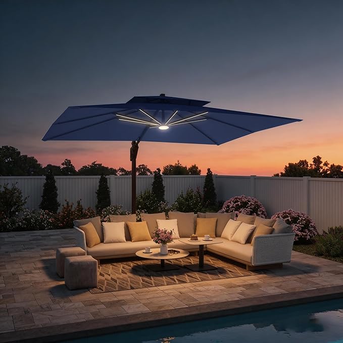 9 X 12 FT Cantilever Outdoor Patio Umbrella with LED Lights Large Heavy Duty 360° Rotation Double Top Offset Rectangular Umbrellas for Backyard Garden Pool Outside Deck, Navy