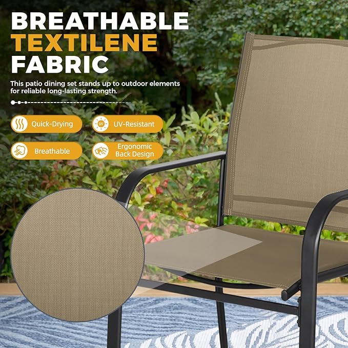 Incbruce 8 Pieces Patio Dining Set with Dark Blue Umbrella, Outdoor Dining Set of 6 Textilene Chairs and Rectangle Table with Umbrella Hole for Backyard, Garden, and Poolside (Brown)