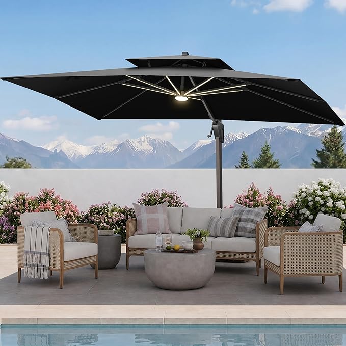 10 X 13 FT Cantilever Patio Umbrella with Led Lights Heavy Duty Windproof Double Top Large Rectangle Offset Umbrellas with 360-degree Rotation for Garden Pool Deck Backyard, Black