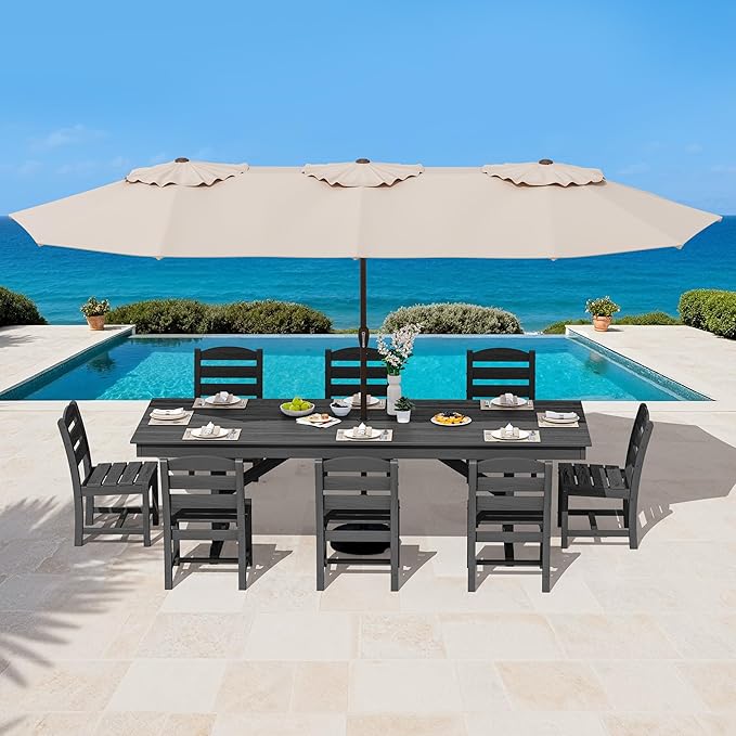 SERWALL 9 Piece Outdoor Dining Set, 84" HDPE Outdoor Table and Armless Chairs Set for 8，All Weather Patio Furniture Set with Umbrella Hole for Backyard, Garden, Black