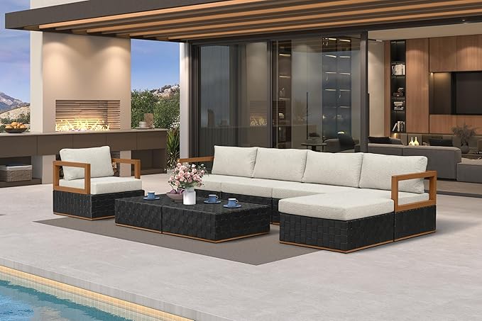 PURPLE LEAF Patio Outdoor Furniture Set 8 Pieces, Premium Leather Outdoor Couch Sectional Sofa, L-Shaped Patio Conversation Sets with Olefin Cushions, Patio Couch for Porch, Balcony, Garden, Black