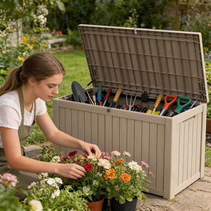 150 Gallon Outdoor Storage Box Resin Deck Box All Weather Waterproof Large Lockable Storage Container Deck Box for Patio Furniture, Garden Tools, Lockable, Black