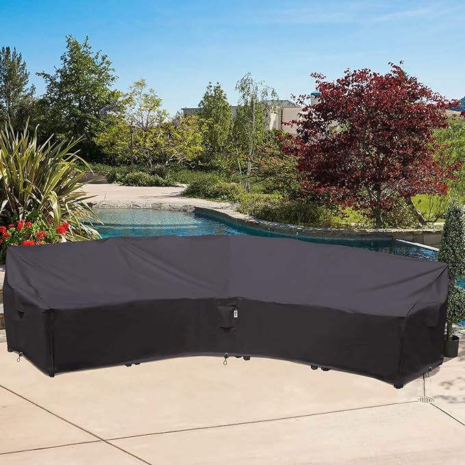 Curved Patio Furniture Cover for Outdoor Sectional Sofa, 190"(128") Reinforced Waterproof 600D Patio Couch Cover, Half Moon Lawn Outside Garden Winter Protective Cover, Storm Grey