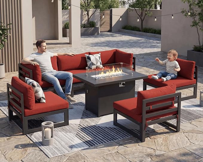 BULEXYARD 9 Piece High End Aluminum Patio Furniture Set with Fire Pit Table, 500 lbs Heavy Duty Outdoor Sectional Sofa, 29" Deep Wide Oversized Seat, L Shaped Conversation Couch for Exterior, Burgundy