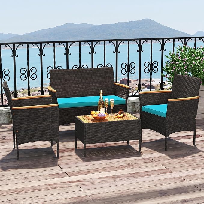 Tangkula 4 Pieces Patio Wicker Sofa Set, 2 Rattan Chairs & Loveseat w/Coffee Table, Acacia Wood Armrests & Tabletop, Outdoor Cushioned Conversation Set for Backyard, Poolside (Turquoise, 4 Pieces)