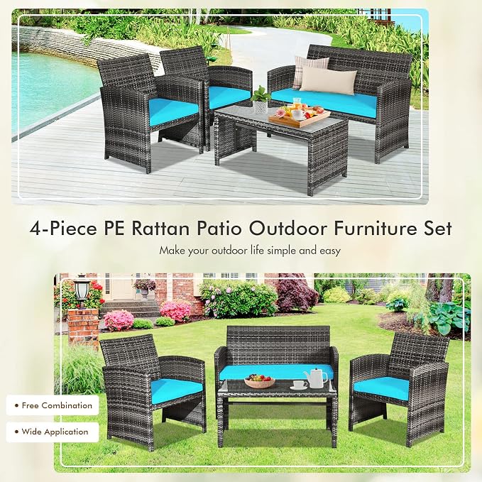 Outdoor Conversation Set, 4 Pieces Wicker Patio Furniture Set with Ergonomic Curved Design, Patio Chair Set with Water-resistant Cushion & Tempered Glass Table for Porch,Balcony(Turquoise)