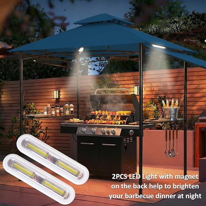 FAB BASED 5x8 Grill Gazebo with Extra Awning, All-Weather Steel Construction, Double Tiered & Resistant Canopy Roof, Metal Serving Shelves, 2 LED, Bottle Opener for Patio, Backyard, BBQ (Blue)