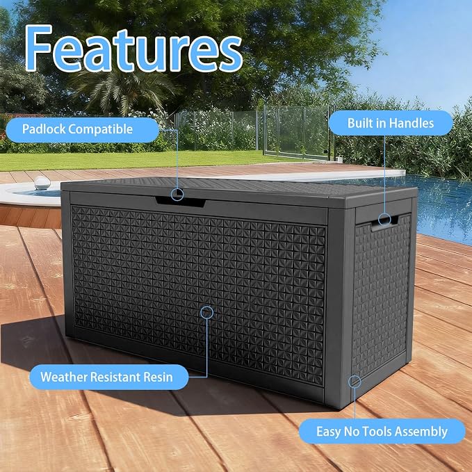 110 Gallon Outdoor Deck Storage Box, All Weather Diamond Woven Textured Lockable Storage Bin for Poolside, Patio & Backyard Large Outdoor Storage (Black,110GAL)
