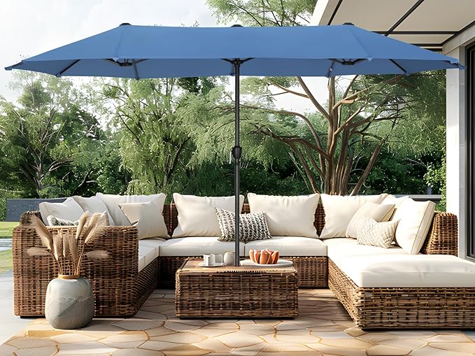PHI VILLA 13ft Large Patio Umbrellas, Double-Sided Outdoor Market Rectangle Umbrella for Outside, Haze Blue