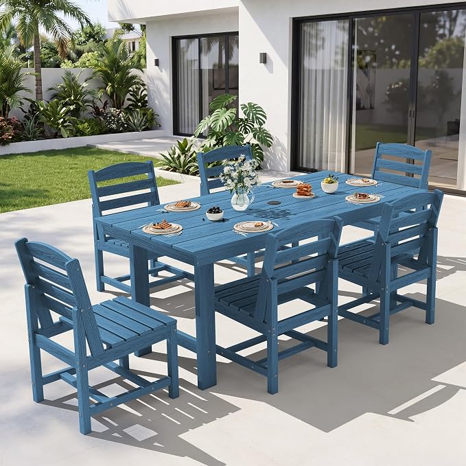 KINGYES 7-Piece Patio Dining Set, HDPE Table and Armless Chairs Outdoor Furniture Set with Umbrella Hole, Blue