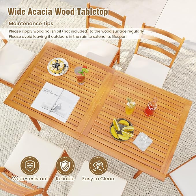 HAPPYGRILL Acacia Wood Outdoor Dining Table with Umbrella Hole & Cover, for 4-6 People, 63” Large Farmhouse Dinette Furniture for Backyard Patio Deck Porch