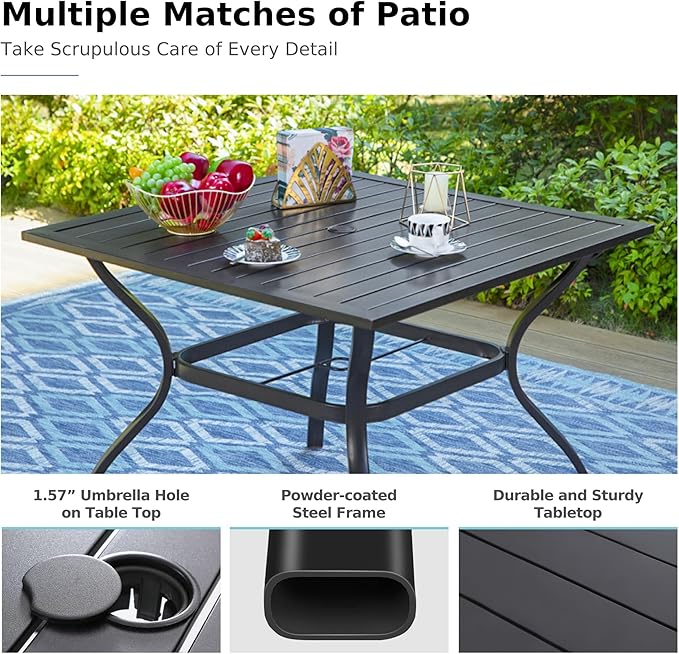 MFSTUDIO 5 Pieces Outdoor Rattan Dining Set, Patio Square Table and Wicker Chairs for 4, Outdoor Metal Table Set for 4 with Chairs, Wicker Patio Dining Furniture for Backyard, Porch
