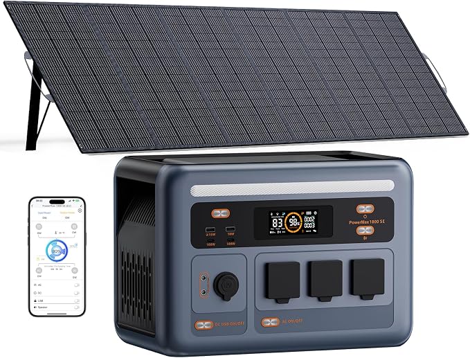 OSCAL 1800W Solar Generator with 500W Solar Panel PowerMax 1800SE, 1024Wh LiFePO4 Battery Generator with 3 AC Outlets (3600W Surge), 800W AC Charging, WI-FI/Bluetooth APP Control (PM1800SE+500W)