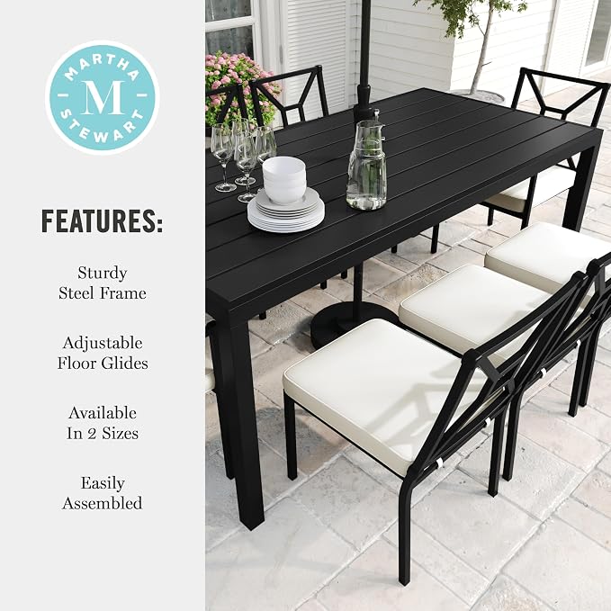 Martha Stewart Lily Pond 72" All-Weather Patio Table with Slatted Tabletop, Umbrella Hole, and Steel Frame in Black